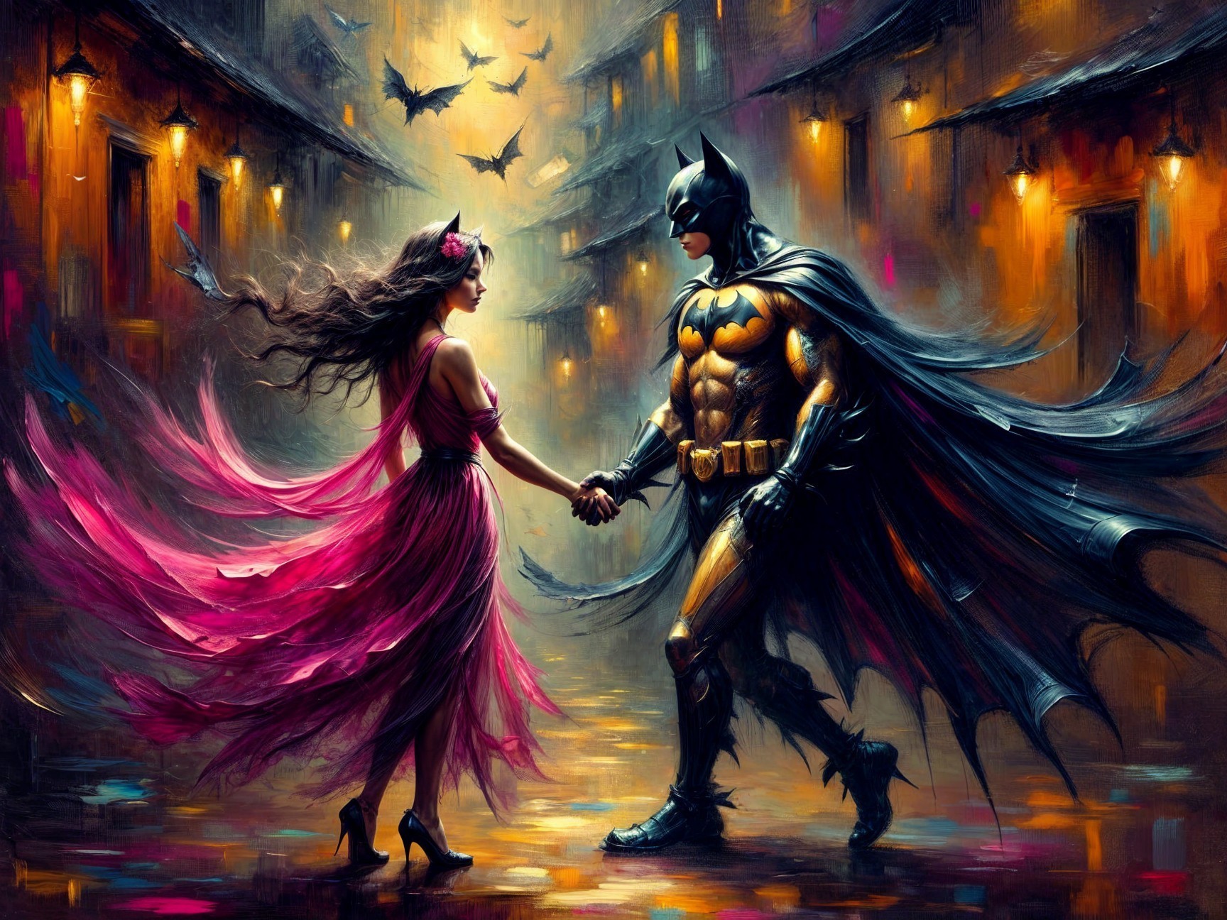 Superhero and Woman in Vibrant Alley Scene