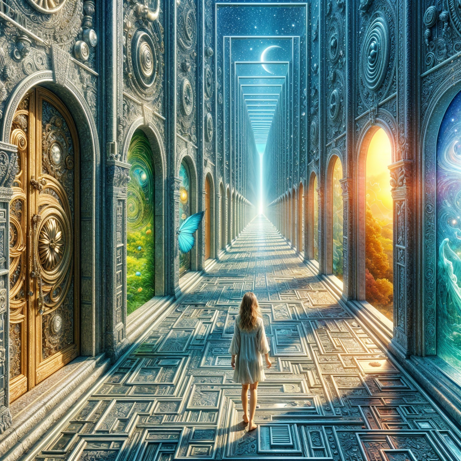 Young girl explores enchanting corridor with landscapes