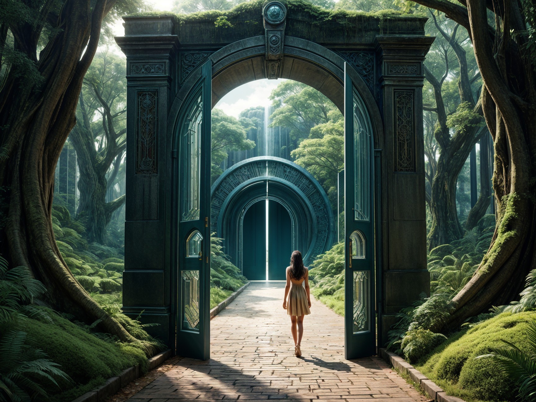 Serene Forest Scene with Ornate Archway and Foliage