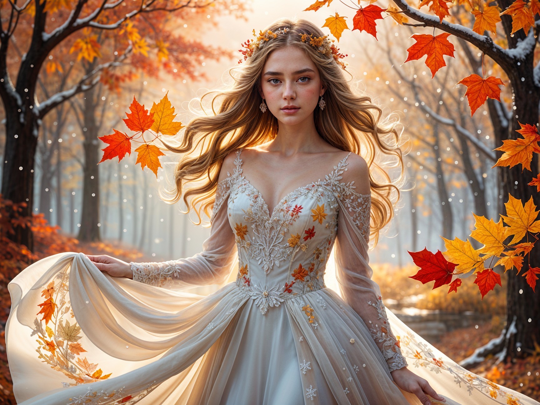 Young Woman in White Gown in Autumn Forest Setting