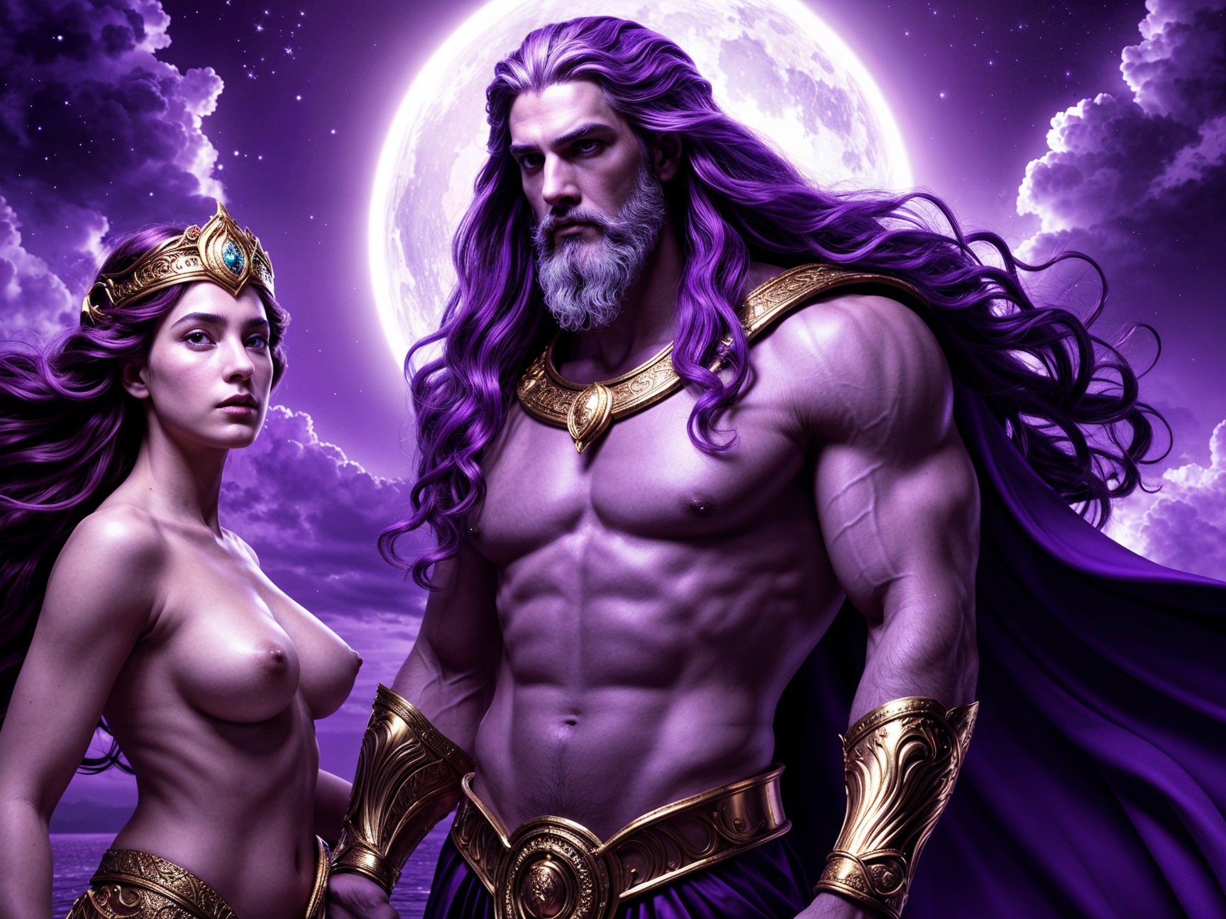 Mythological Duo Against Mystical Moonlit Backdrop