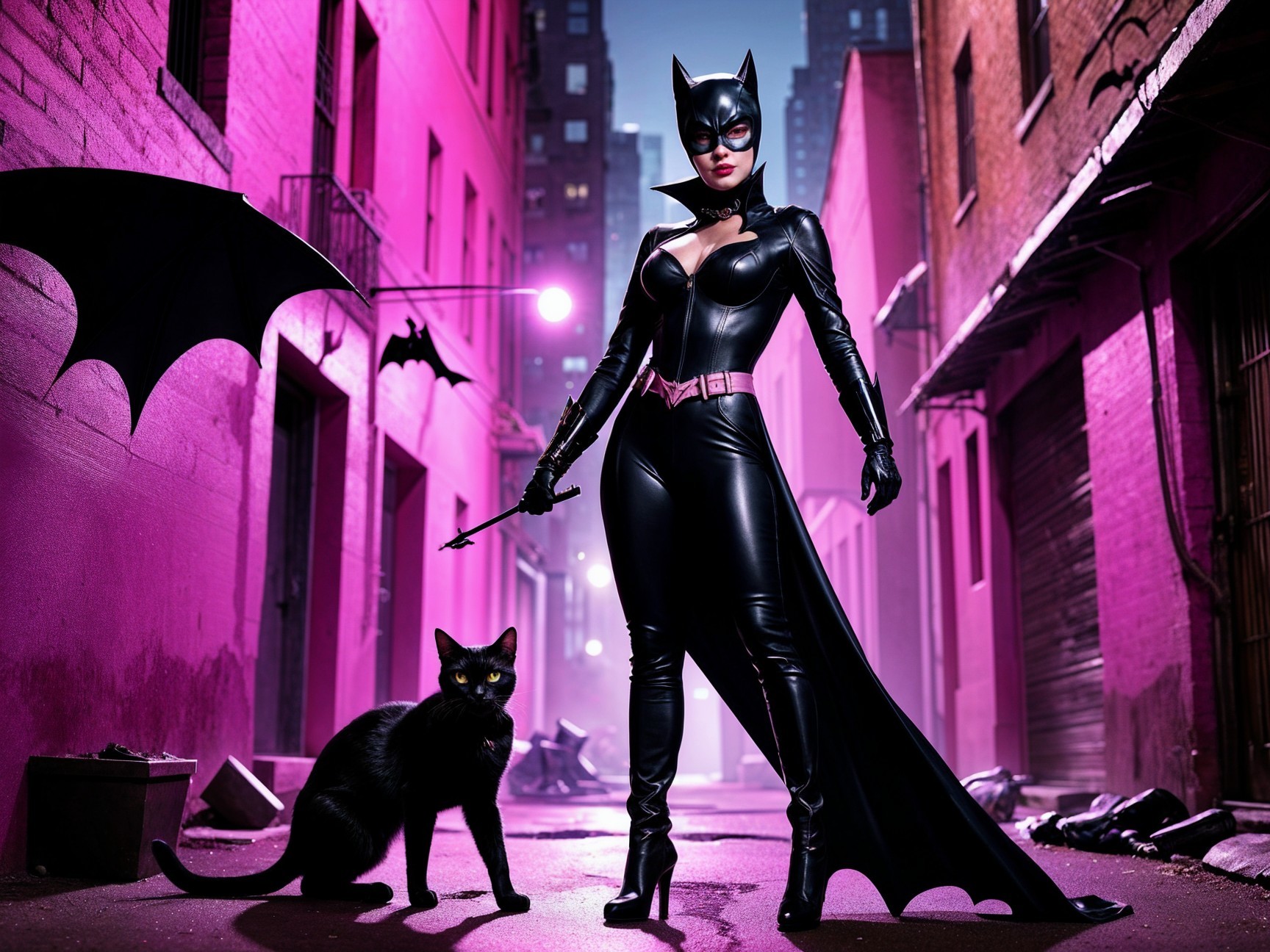 Neon-Lit Alley with Figure in Black Catsuit and Cat