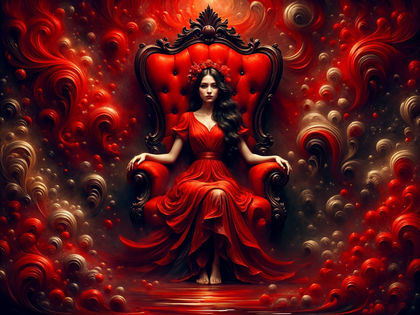 Elegant figure in red gown on ornate throne