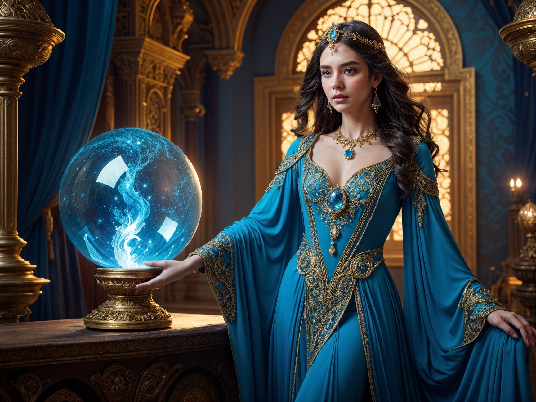 Young woman in blue gown with crystal ball and gold architecture
