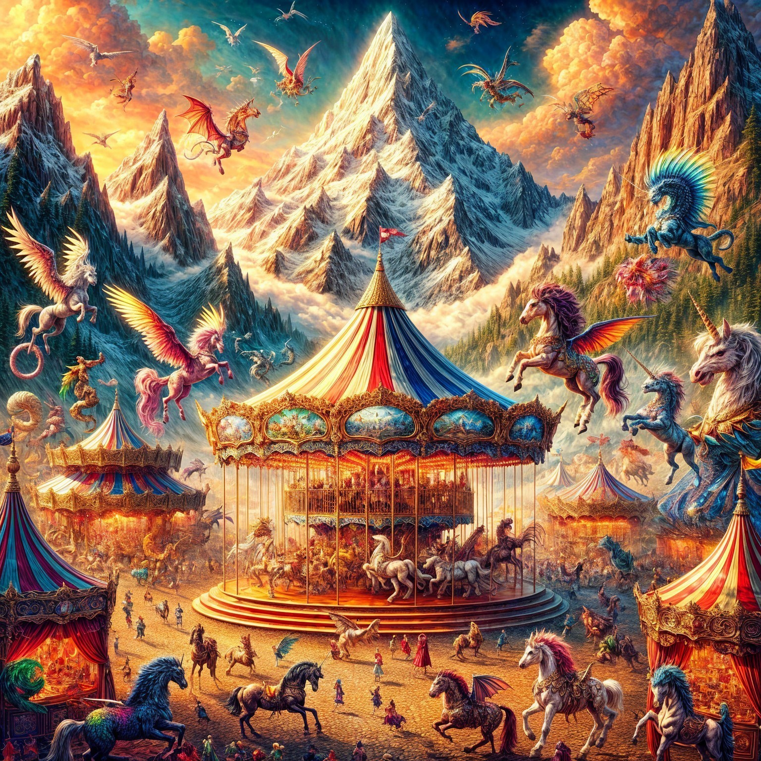 Vibrant Carnival Scene with Mythical Creatures