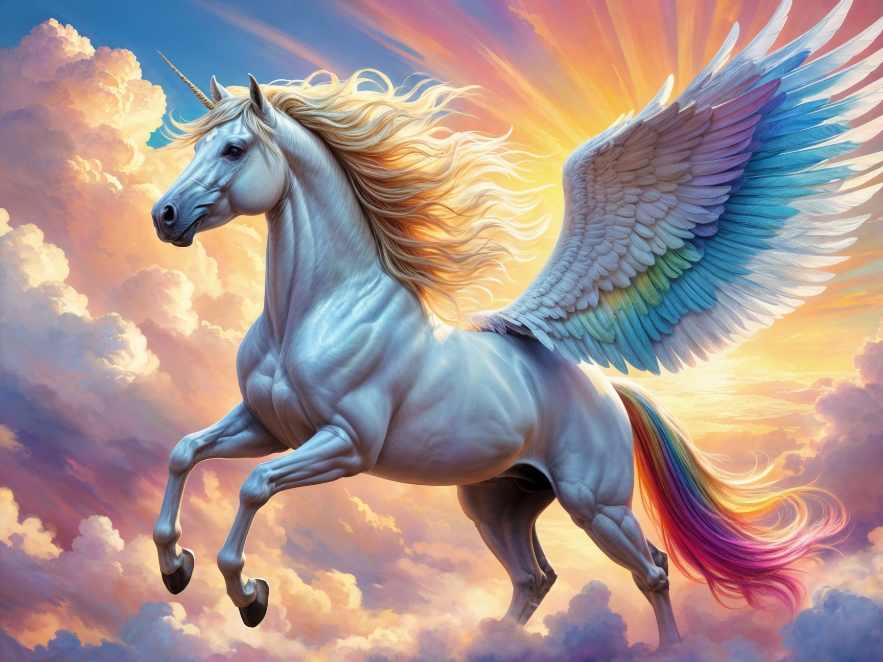 Majestic unicorn soaring through a colorful sky
