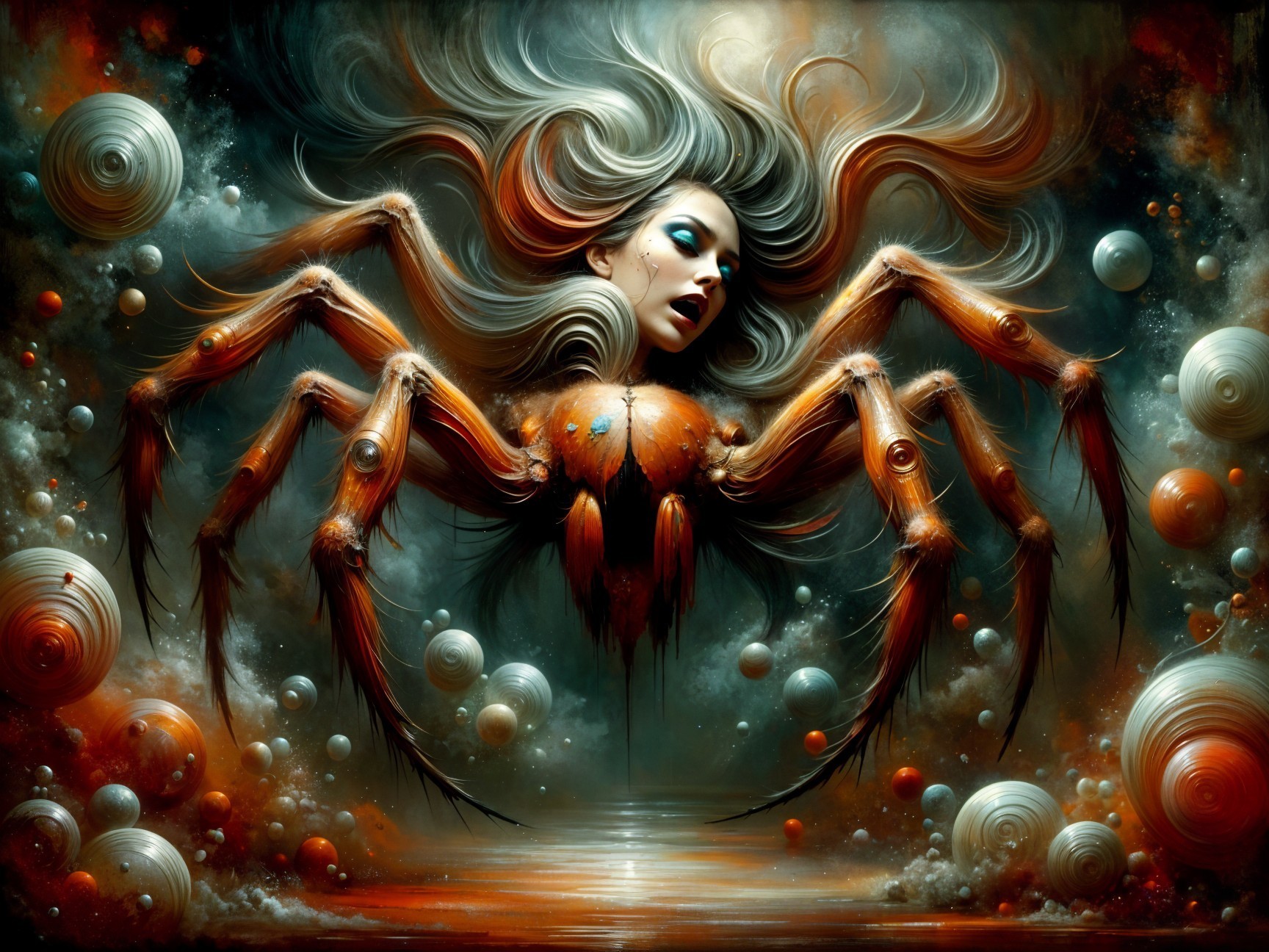 Surreal Woman-Spider Fusion with Dreamlike Background