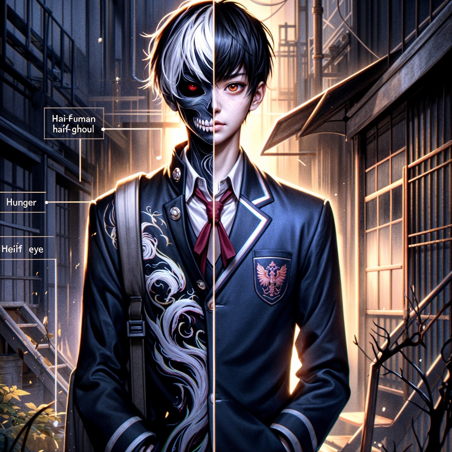 Young Male Character Depicted with Duality Themes