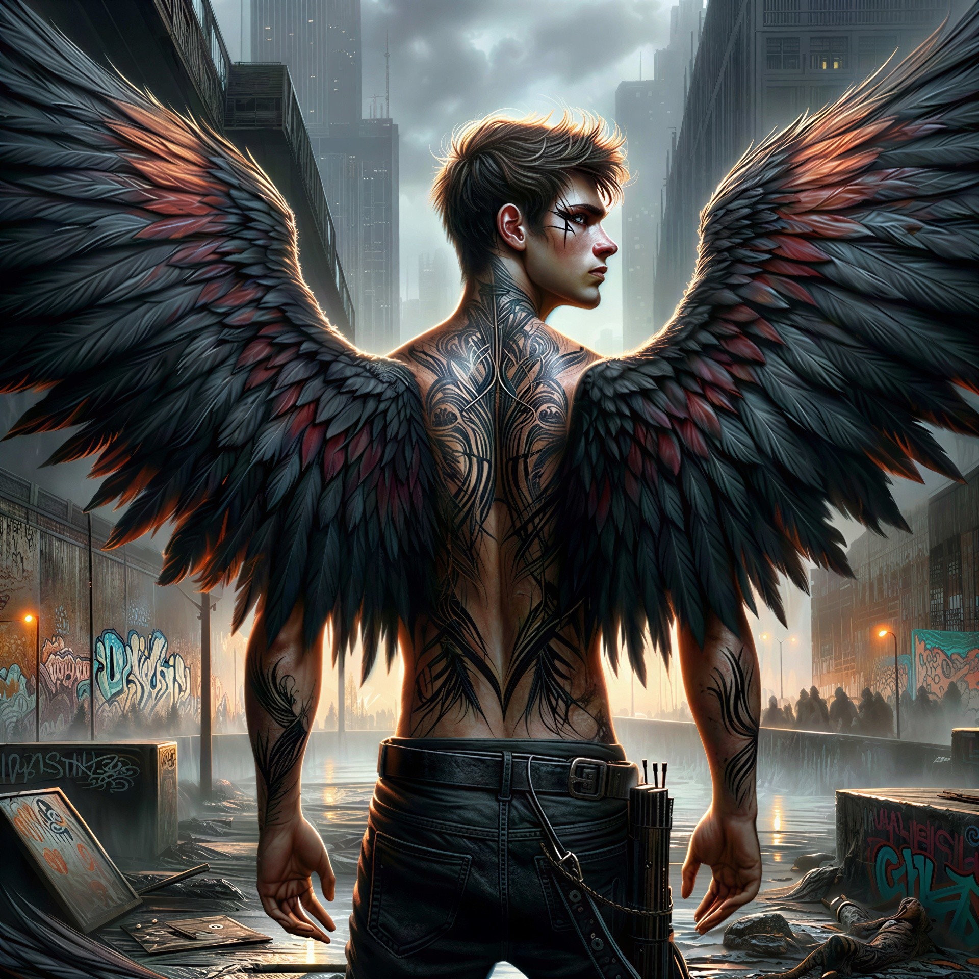 Young Male with Feathery Wings and Tribal Tattoos