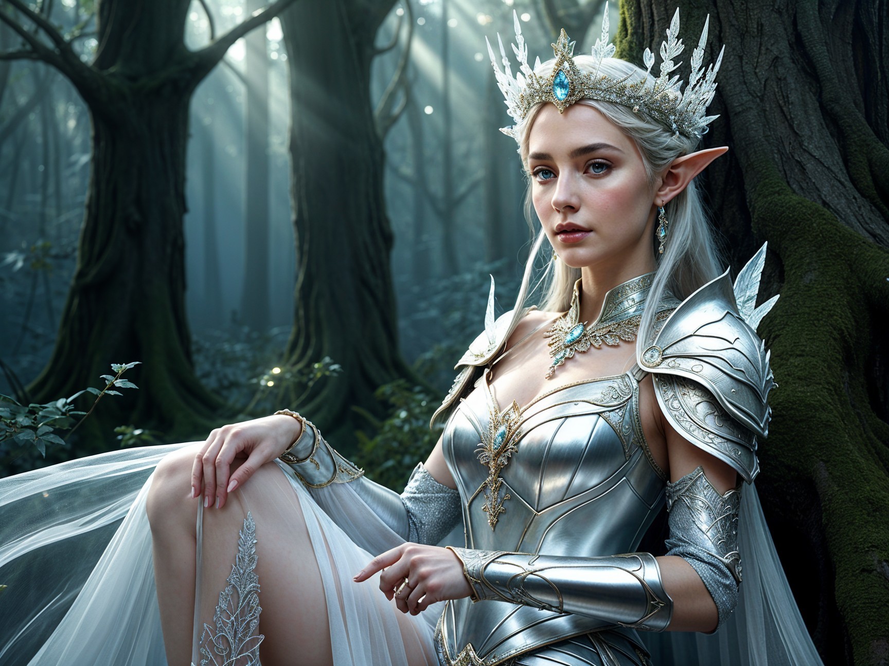 Majestic Elf Queen in Enchanted Forest Setting
