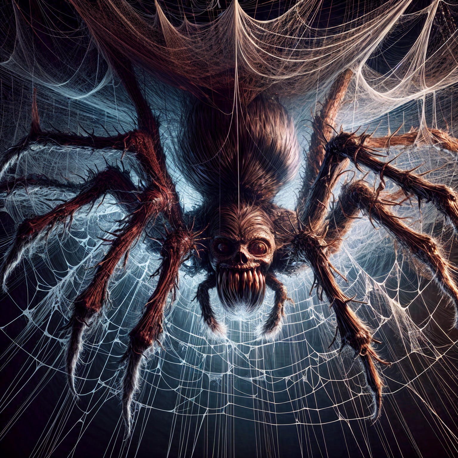 Menacing spider with textured fur in dark space