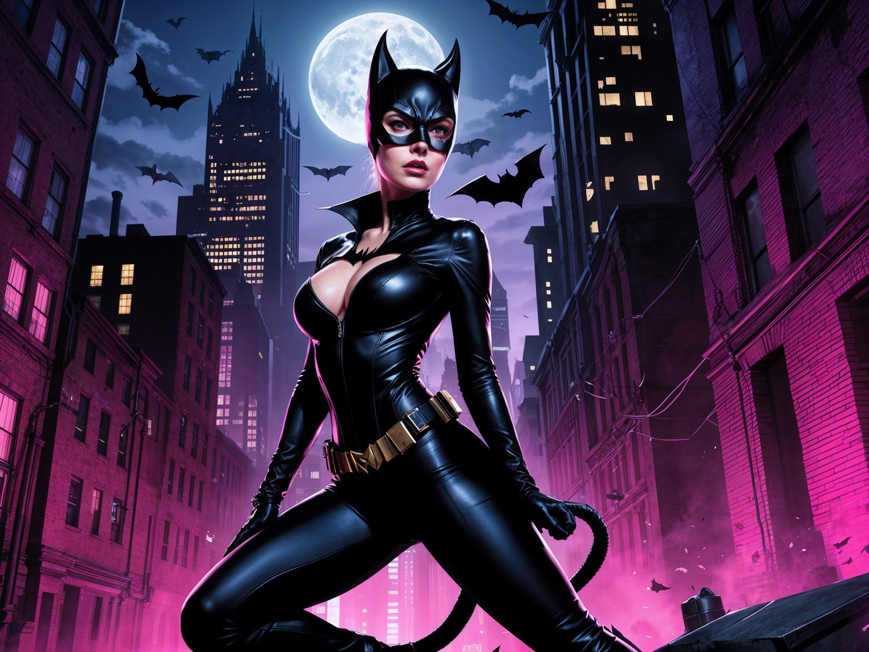 Dynamic Figure in Black Catsuit Against Urban Nightscape