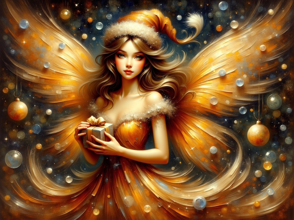 Ethereal Figure in Golden Dress with Angelic Wings