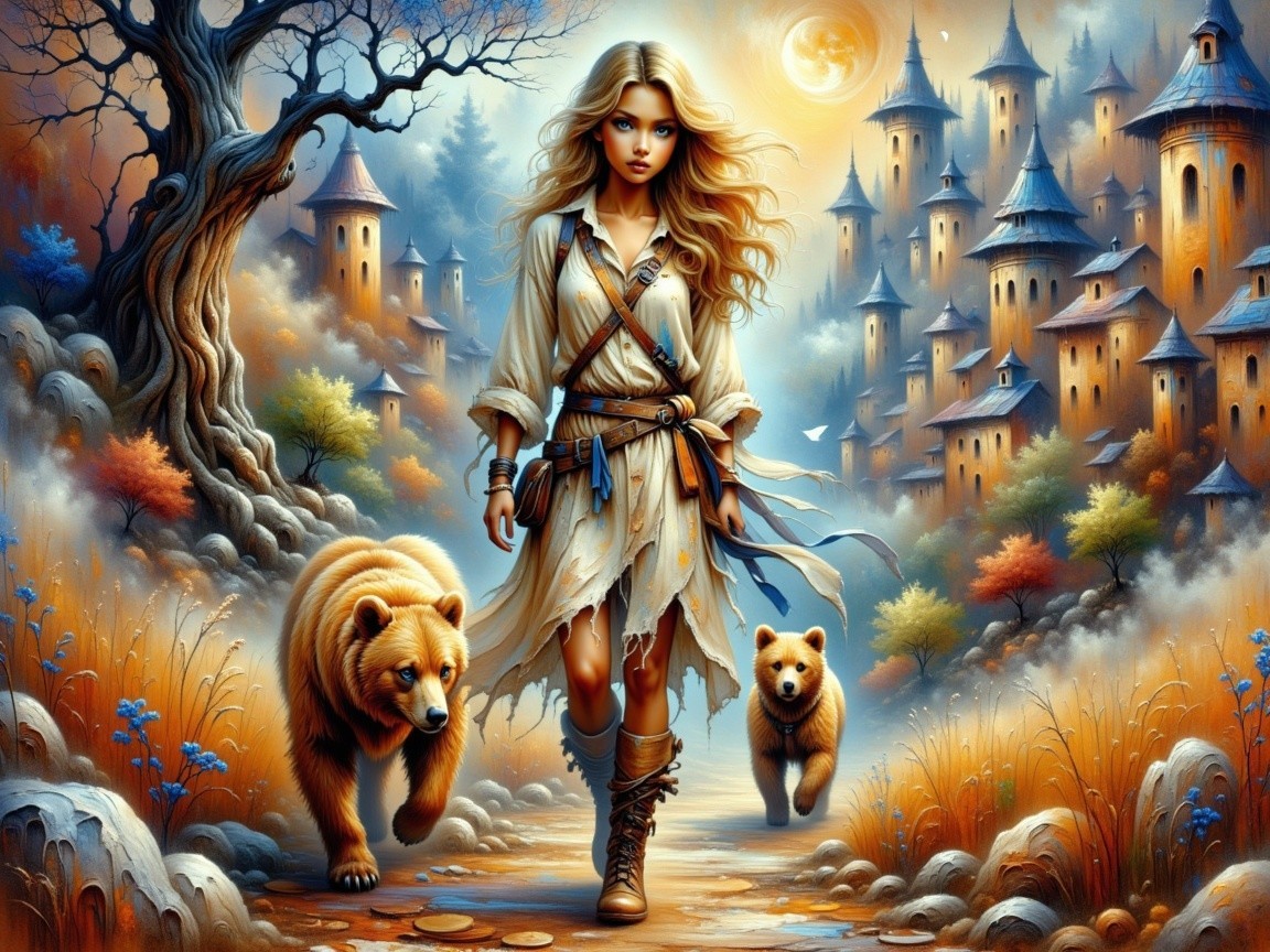 Young woman with bears in a magical autumn landscape