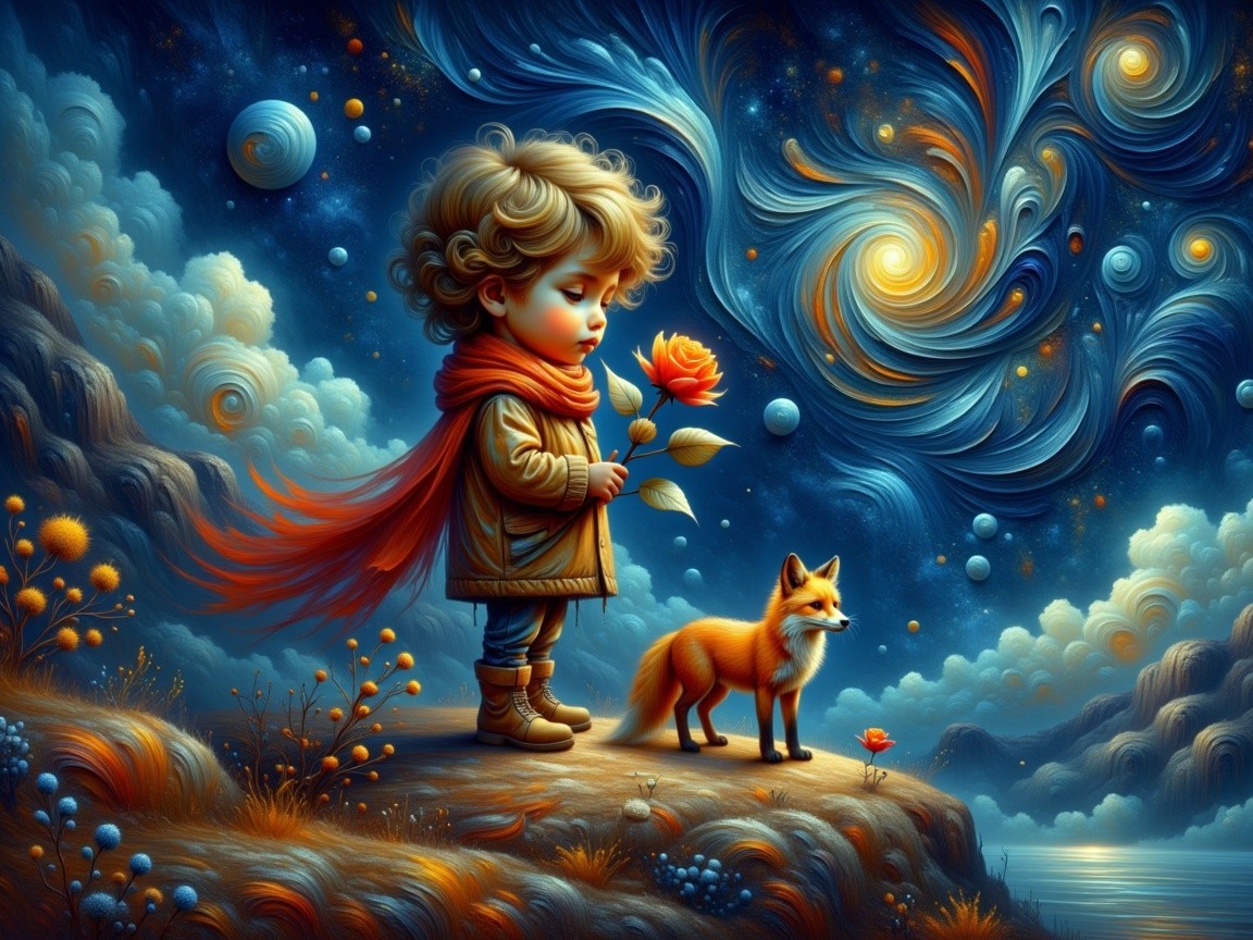 Child with Rose and Fox on Hilltop Under Cosmos