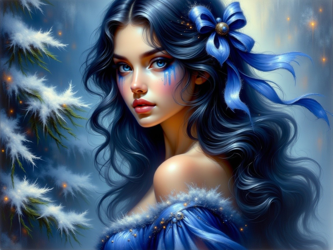 Young woman with blue hair in winter landscape