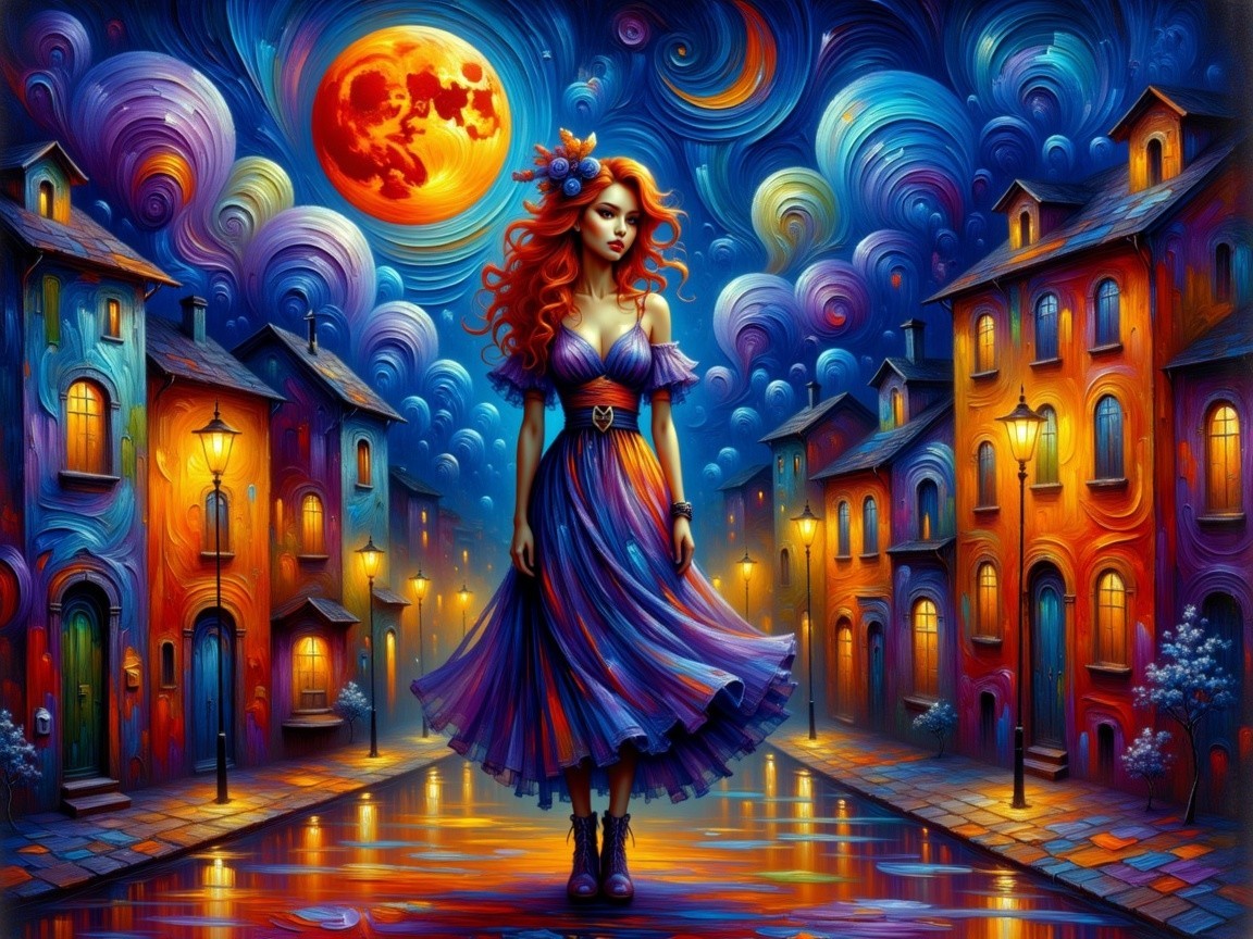 Vibrant Night Scene with Woman in Colorful Dress