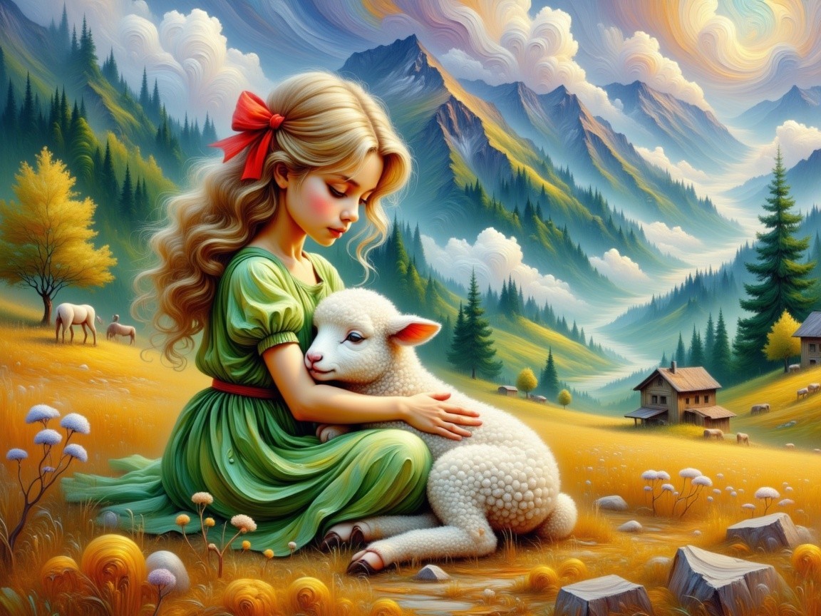 Young Girl with Lamb in Idyllic Countryside Setting