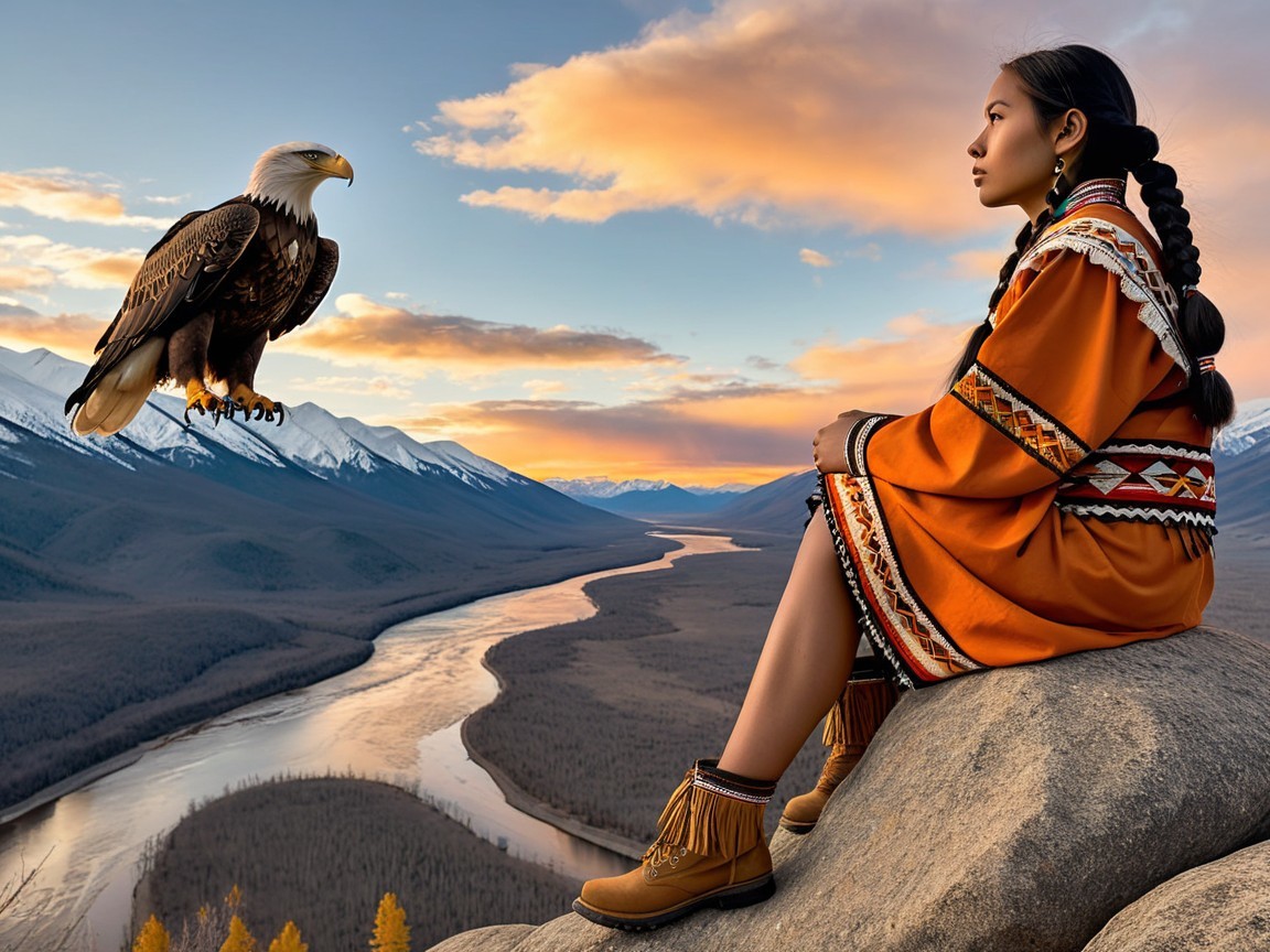 Young Woman in Traditional Attire with Eagle at Sunset