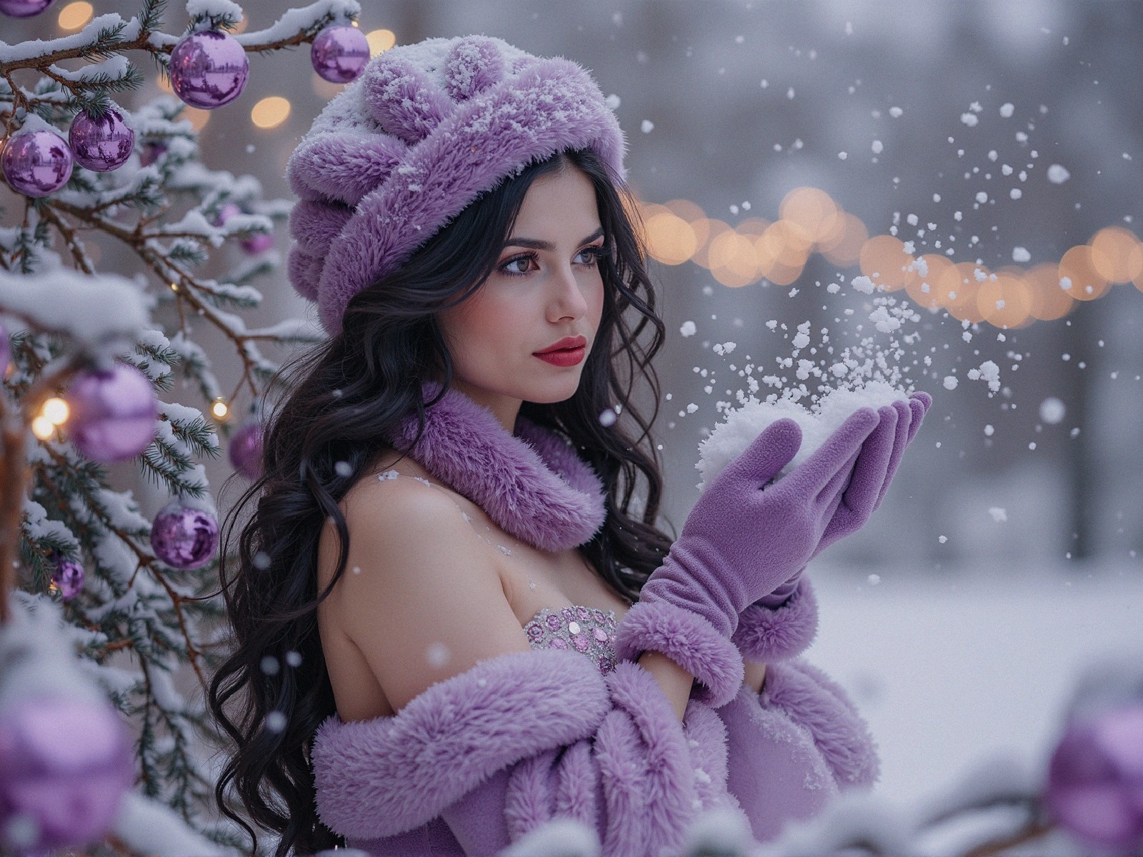 Soft Focus Portrait of Woman in Lavender Winter Attire