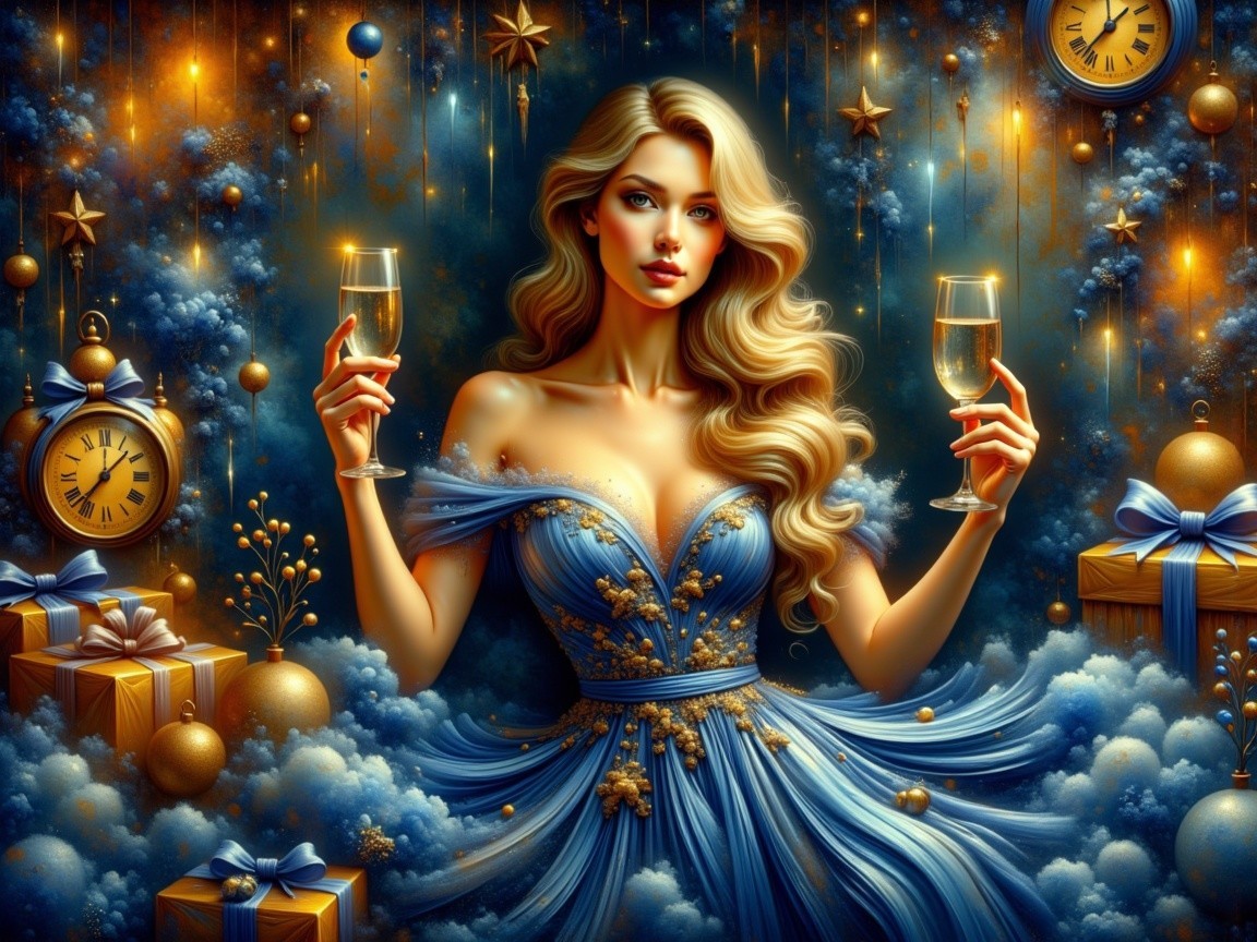 Elegant Woman in Blue Gown with Golden Details