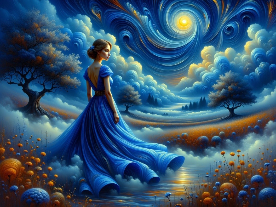 Young woman in blue gown by serene waterway scene