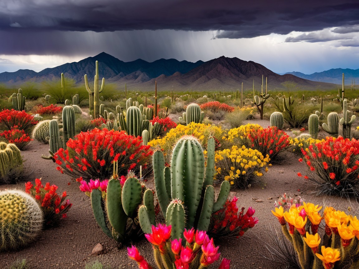 Vibrant Desert Landscape with Colorful Cacti and Flora