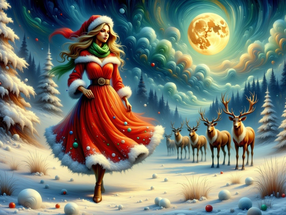 Winter Landscape with Young Woman in Red Dress