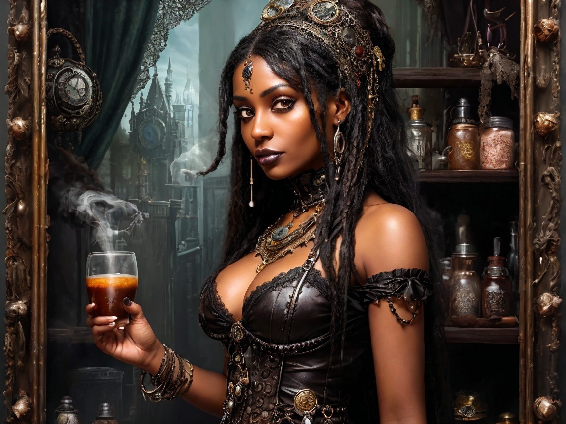 Striking Woman in Dark Outfit with Mysterious Beverage