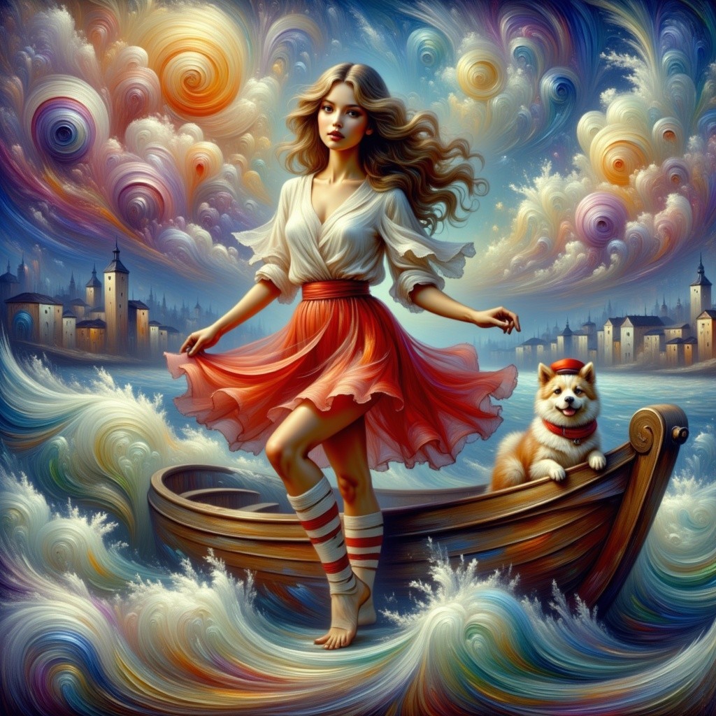 Young woman dancing on a boat with a corgi companion