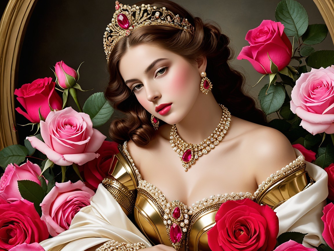 Regal Woman in Golden Gown Surrounded by Roses