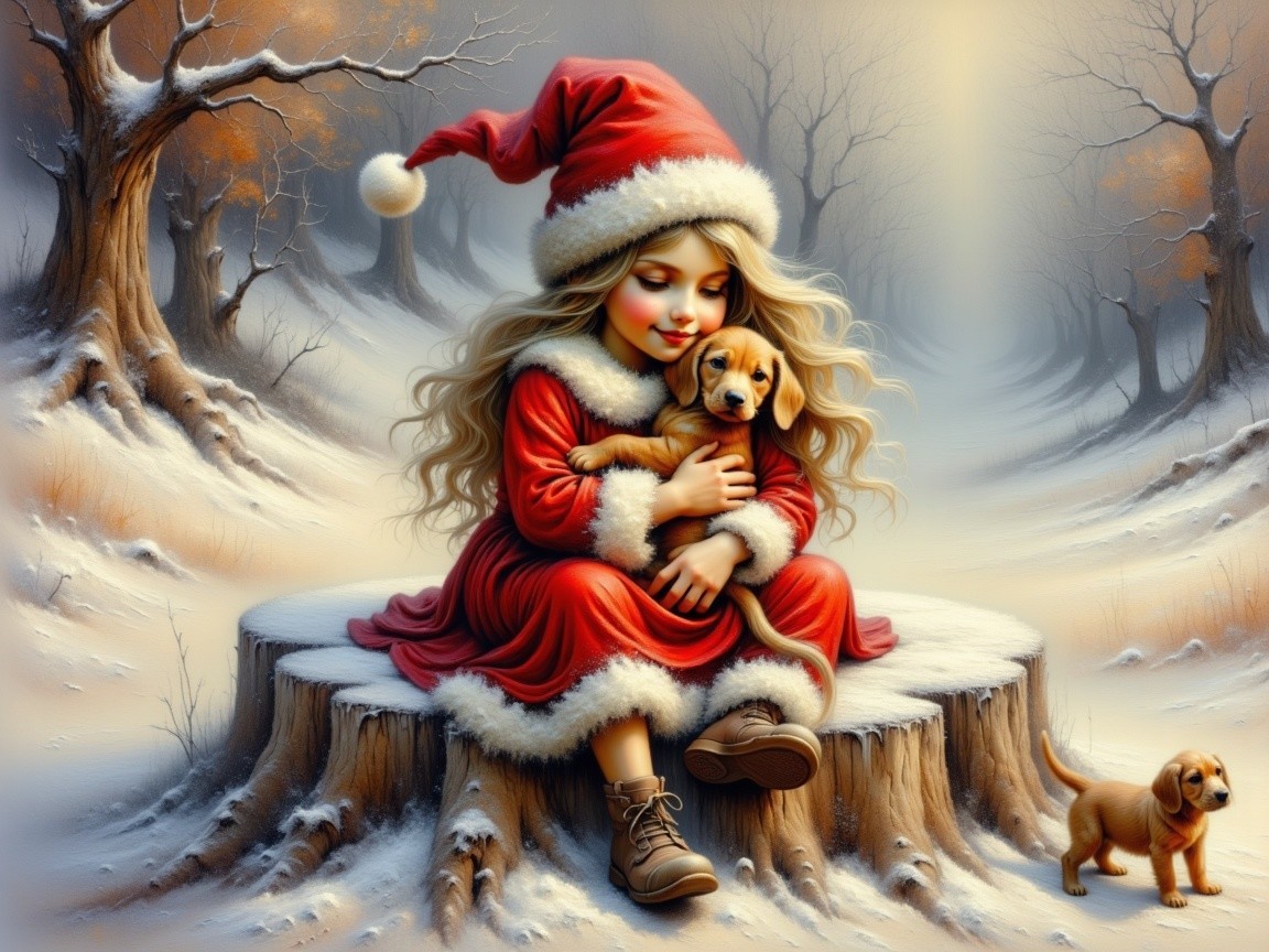 Joyful girl in Christmas dress with puppies in snow