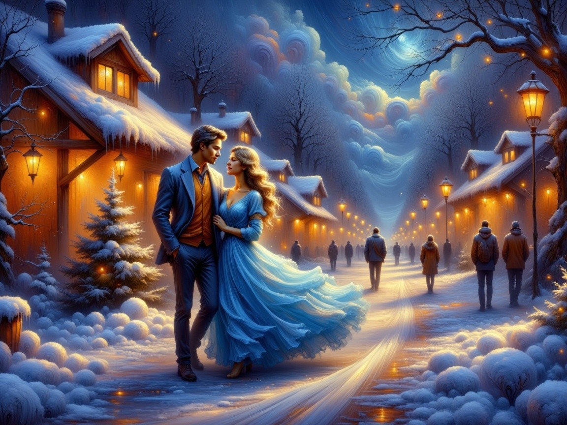 Romantic Winter Scene in a Snowy Village