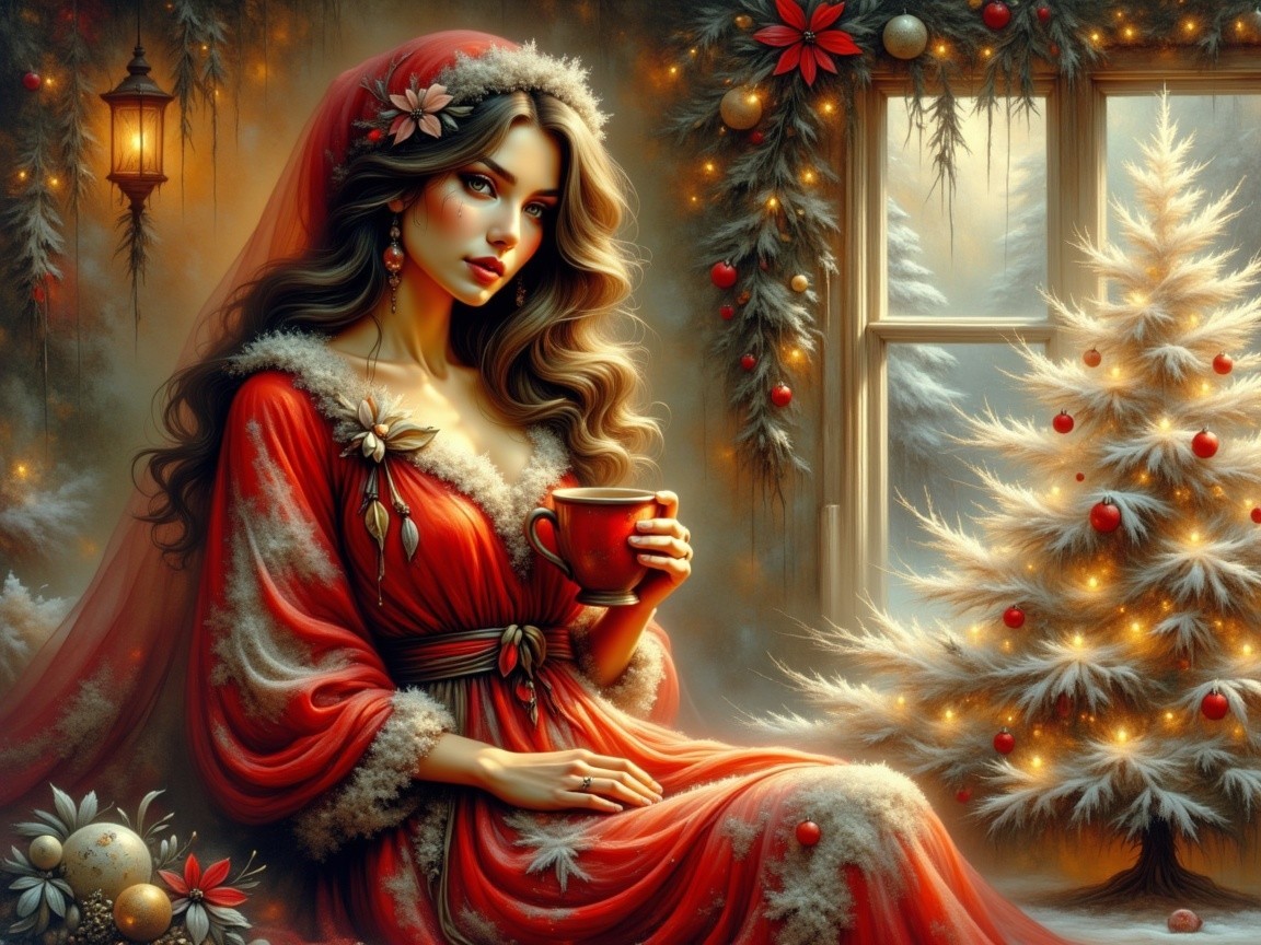 Cozy Indoor Scene with Christmas Decorations and Snow