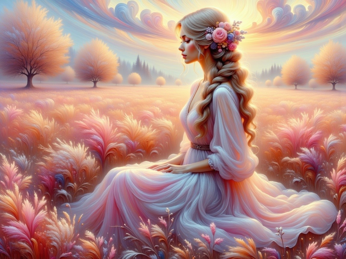 Young Woman in Pastel Flower Field at Sunrise