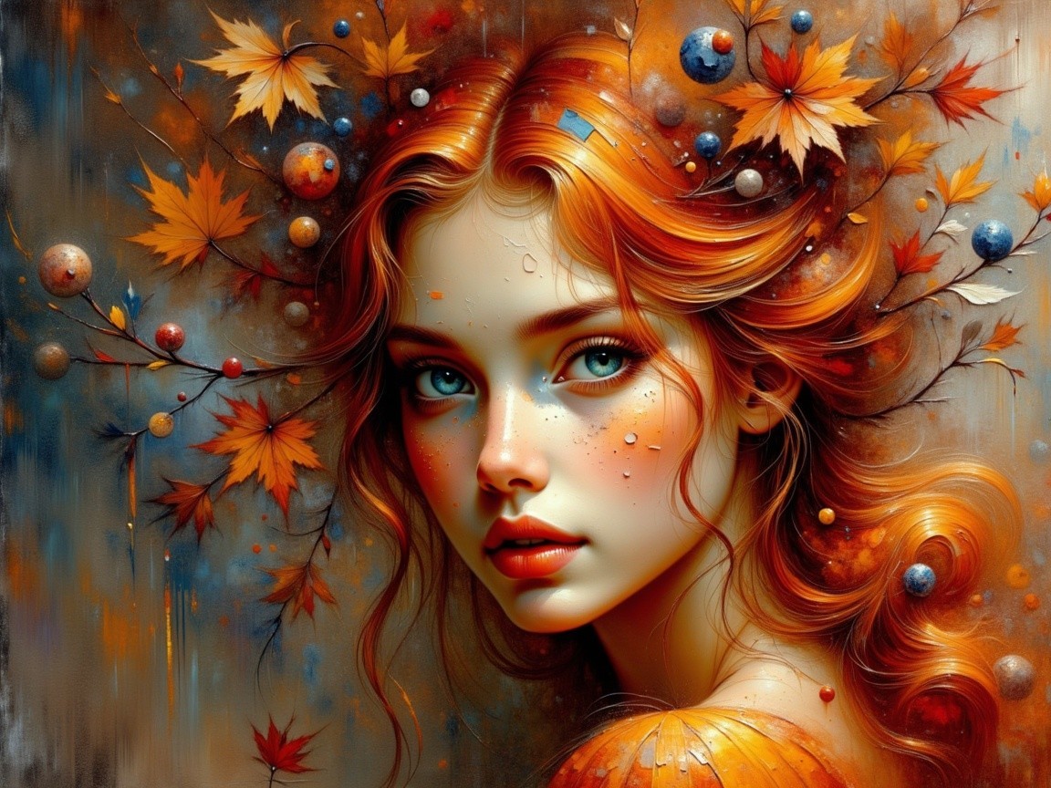Young Woman with Red Hair and Autumn Leaves