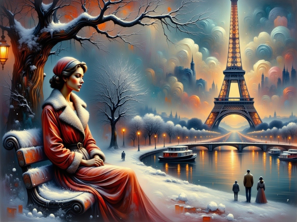 Winter Scene in Paris with a Woman in Red Gown