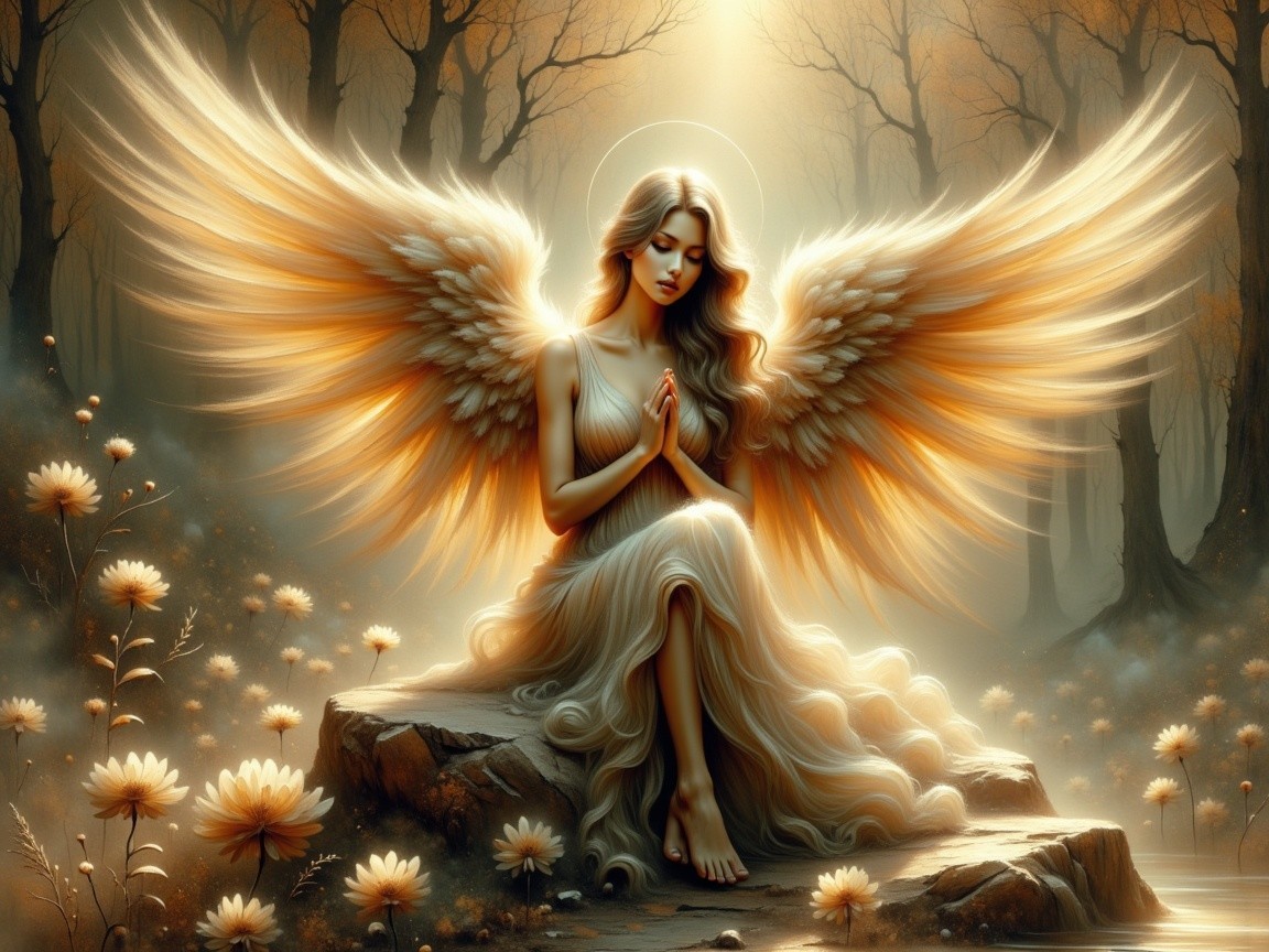 Serene Angel on Rock Surrounded by Ethereal Light
