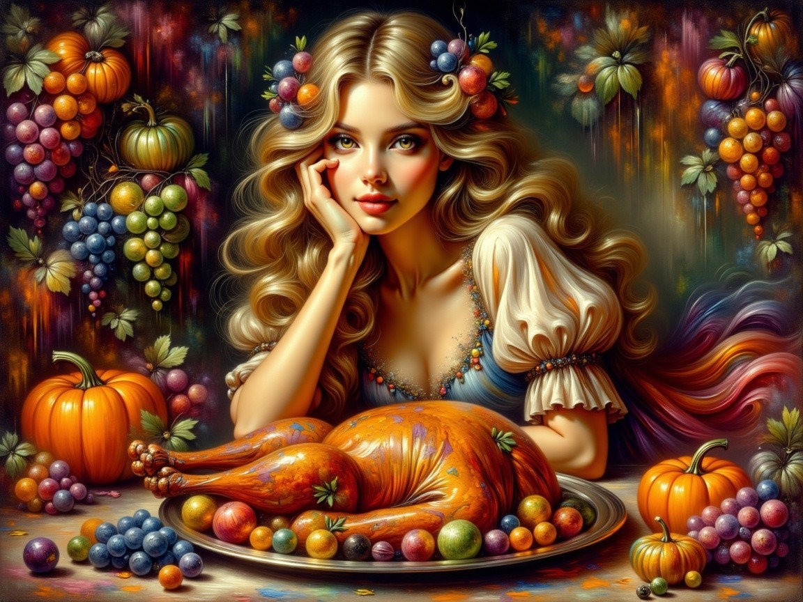 Young woman with fruit and flower hair by autumn feast