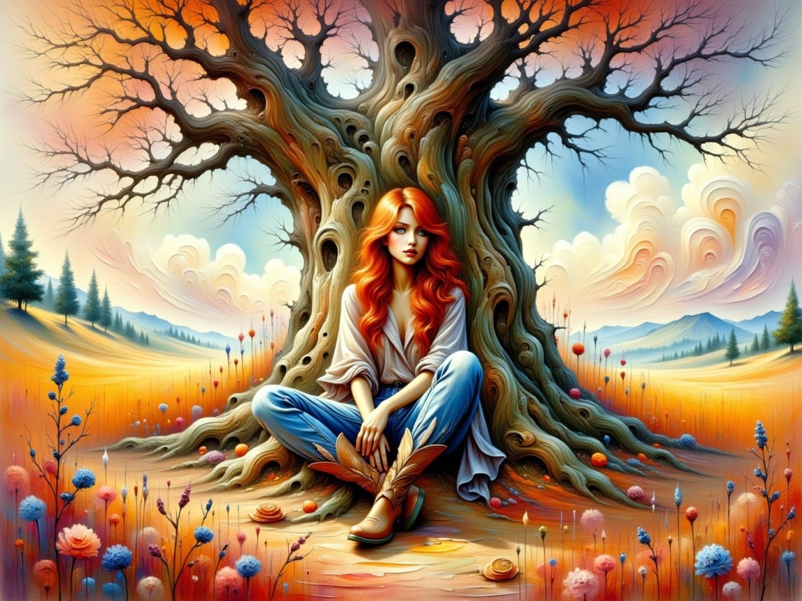 Young Woman Relaxing Under a Majestic Tree at Sunset
