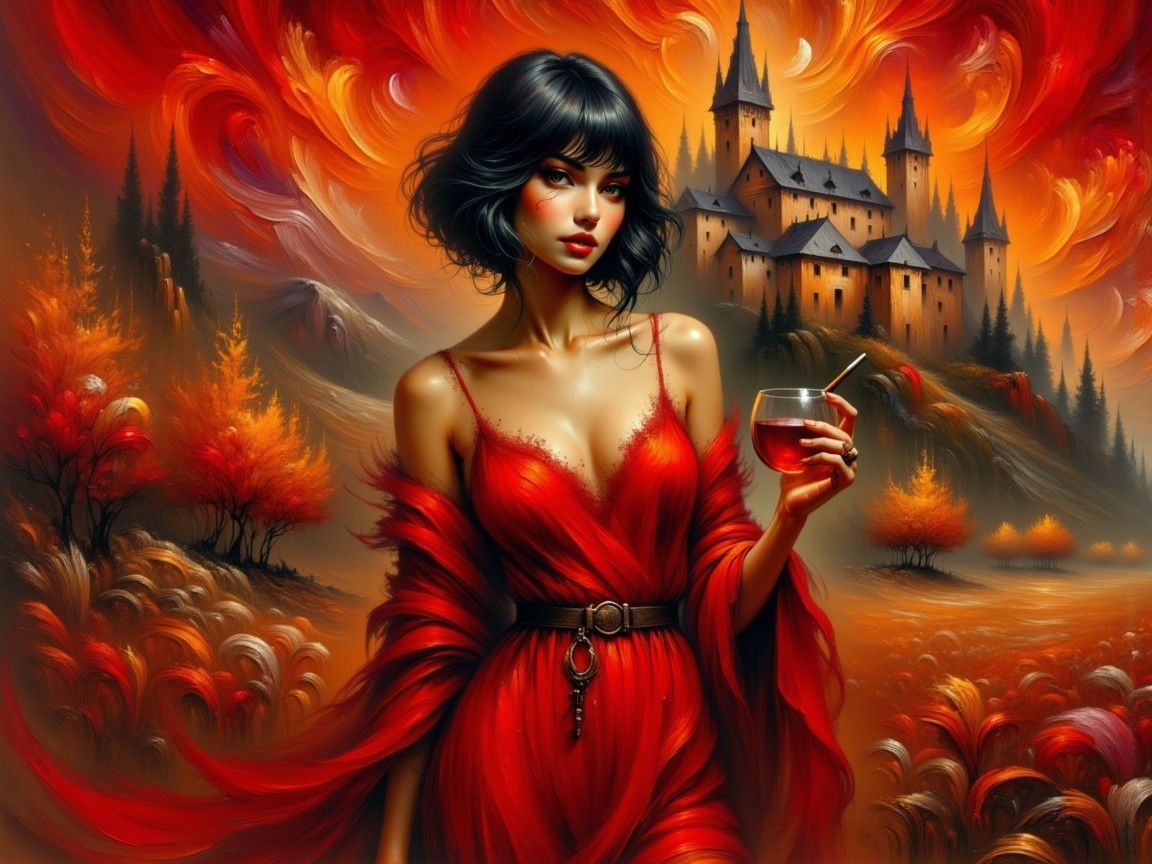 Elegant Woman in Red Gown with Gothic Castle Background