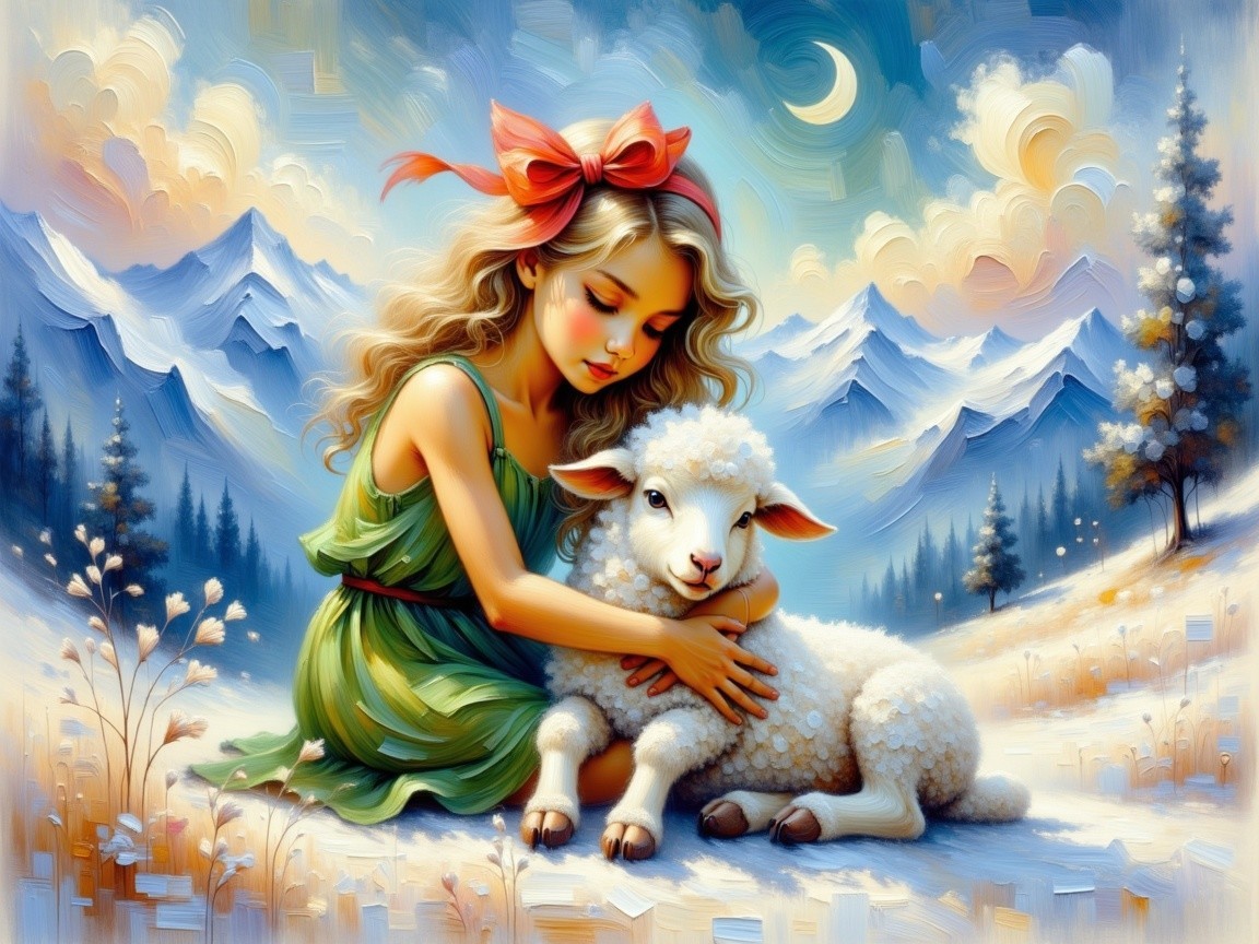 Young Girl in Green Dress with Lamb in Snowy Landscape