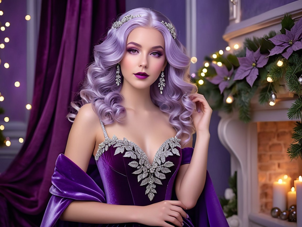 Elegant woman in purple gown with silver details
