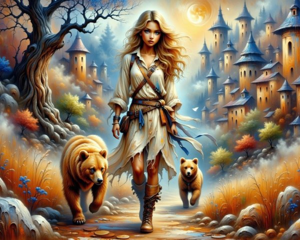 Young woman with bears in a magical autumn landscape