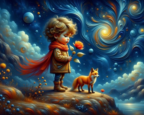 Child with Rose and Fox on Hilltop Under Cosmos