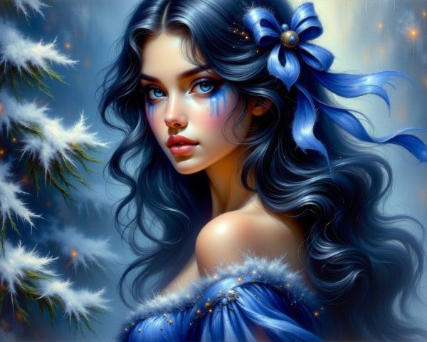 Young woman with blue hair in winter landscape