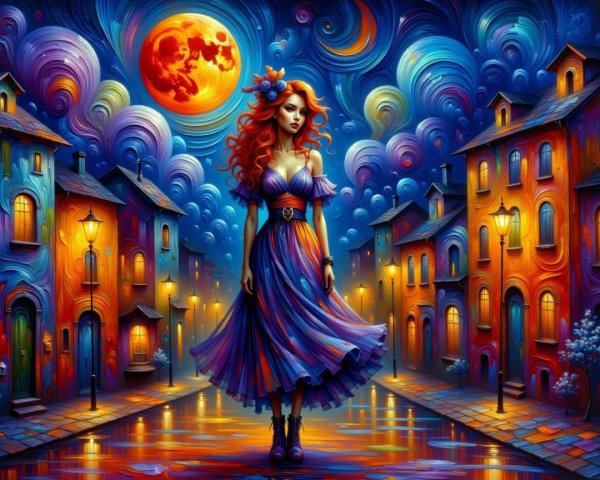 Vibrant Night Scene with Woman in Colorful Dress