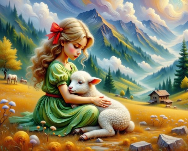 Young Girl with Lamb in Idyllic Countryside Setting