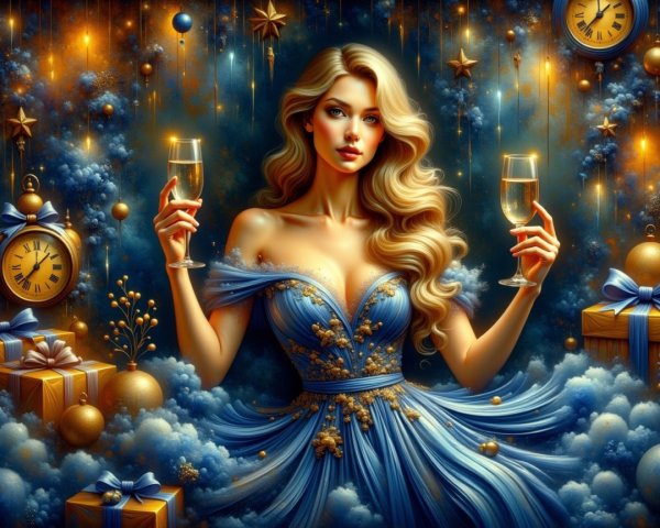 Elegant Woman in Blue Gown with Golden Details