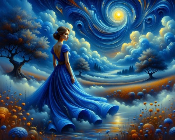Young woman in blue gown by serene waterway scene